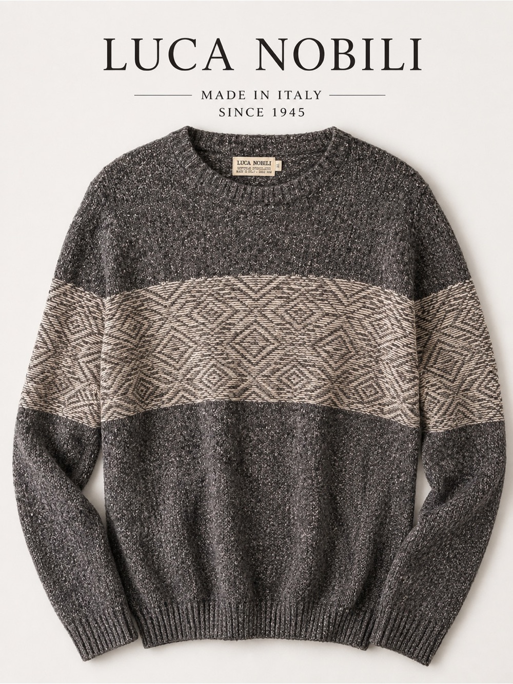 Luca Nobili Made in Italy Men’s Wool Blend Geometric Stripe Crewneck Sweater XL